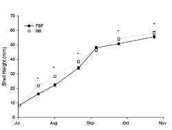Figure 3. Changes in mean shell (SE) height (mm) of juvenile oysters transplanted to Floyd Bennett Field (FBF; ) and Bergen Basin (BB; O) in Jamaica Bay (New York) during summer 2003.